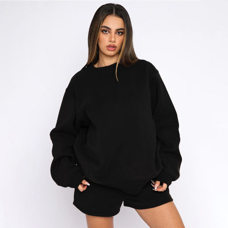 Nude Solid Color Casual Loose Pullover Hoodie Shorts Set