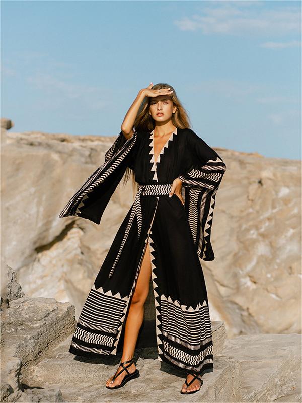 Black Bohemia Slit Long Sleeve Beach Cover Up