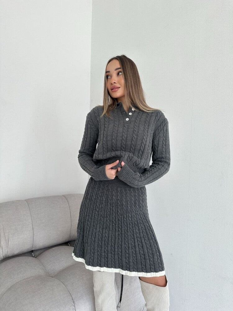 Solid Color Slim Knit Long Sleeve Skirt Two-Piece Set