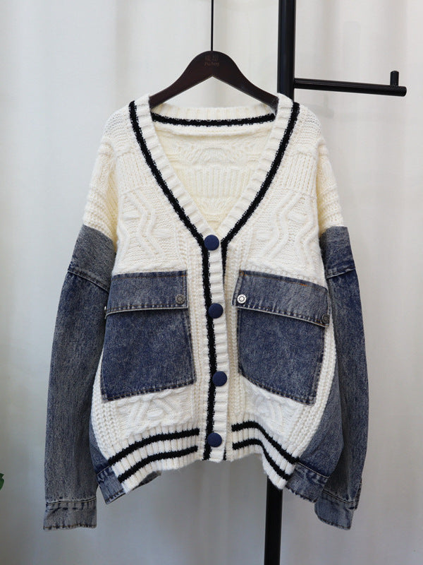 Cardigan lavorato a maglia a trecce patchwork in denim unico