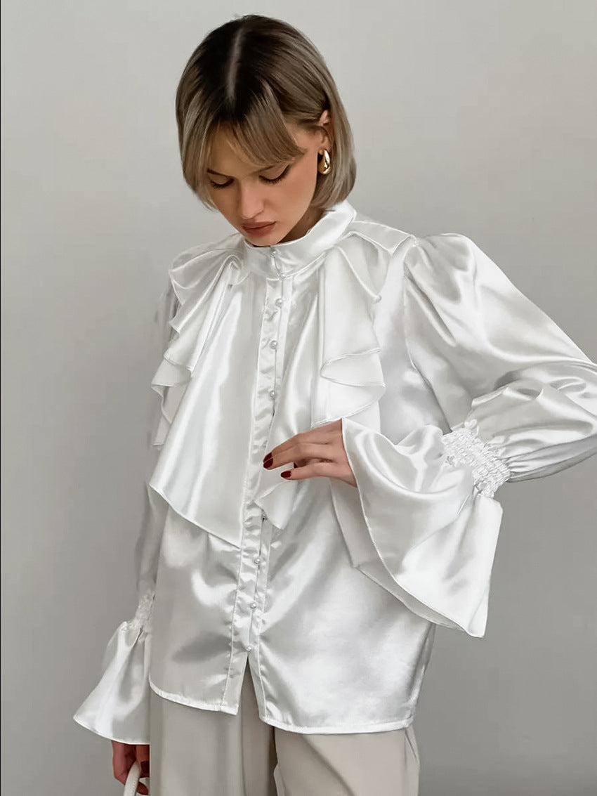 Elegant Pleated Flared Sleeve Pearl Button Shirt