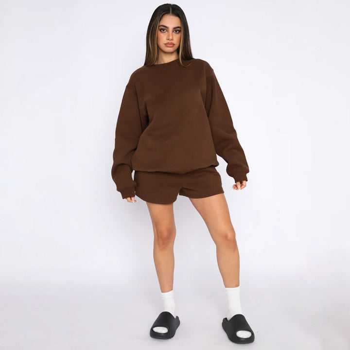 Nude Solid Color Casual Loose Pullover Hoodie Shorts Set