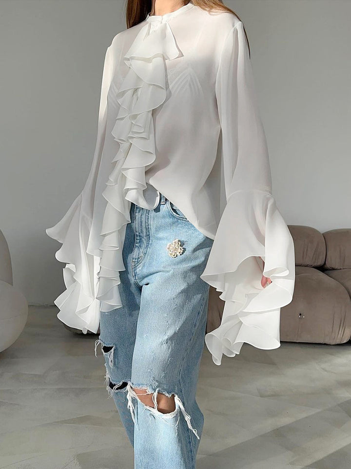 Crew Neck Bell Sleeve Sheer Chiffon Waterfall Ruffle Blouse