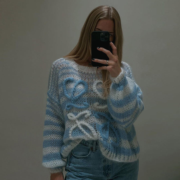 Blue White Contrast Striped Sweater