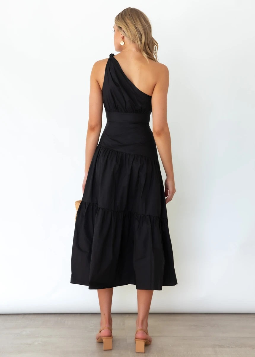 Flowy One Shoulder Tiered Beach Vacation Midi-klänning