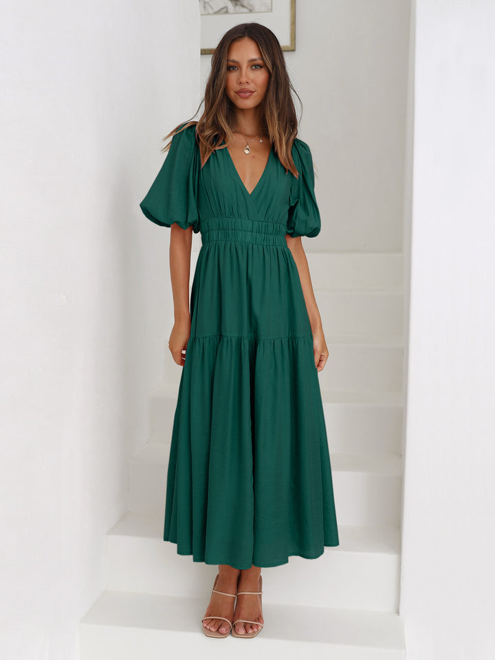 V-neck Puffy Sleeve Pleated Stretch Maxi Dress