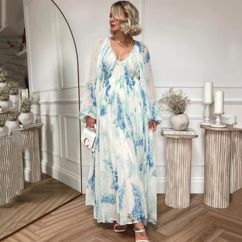 Ocean Flower Chiffon Floral Drawstring Waist Maxi Dress