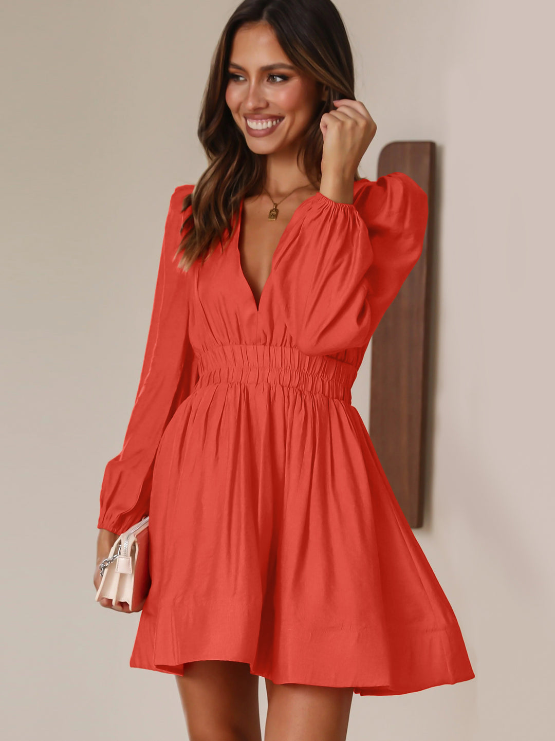 V-neck Long-Sleeved French Pleated Mini Dress