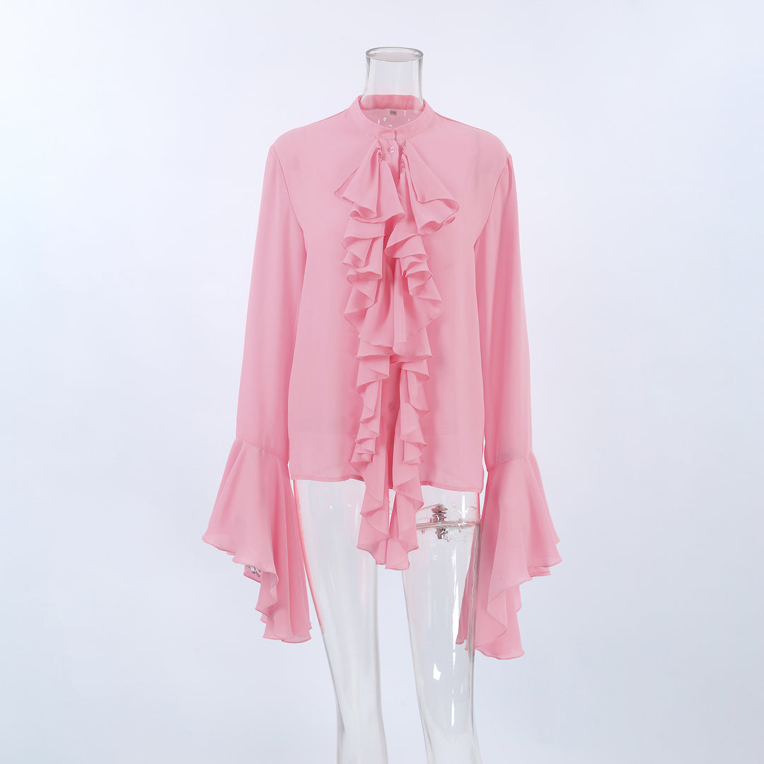 Crew Neck Bell Sleeve Sheer Chiffon Waterfall Ruffle Blouse