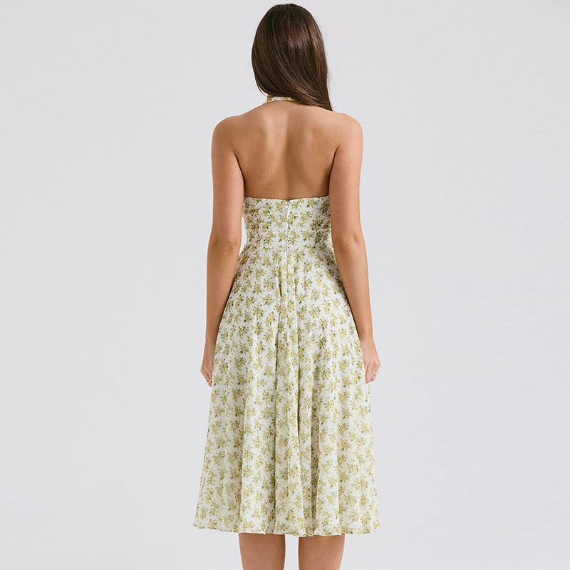 Halterneck Deep V Floral Backless Midi Dress