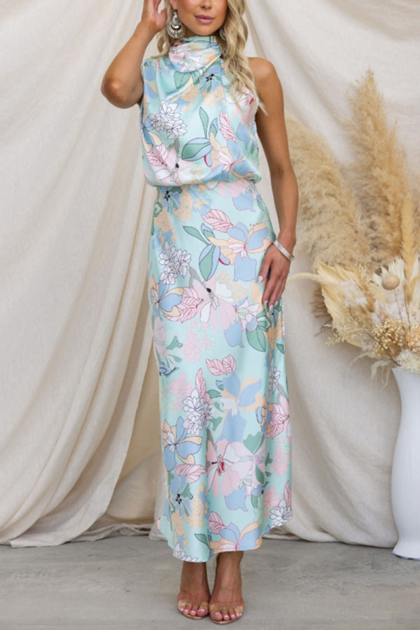 Floral Halter Neck Elastic Waist Maxi Dress