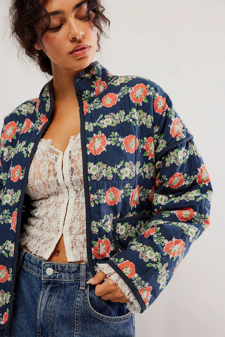 Flower Print Pocket Clip Cotton Drop Shoulder Jacket-Navy Blue