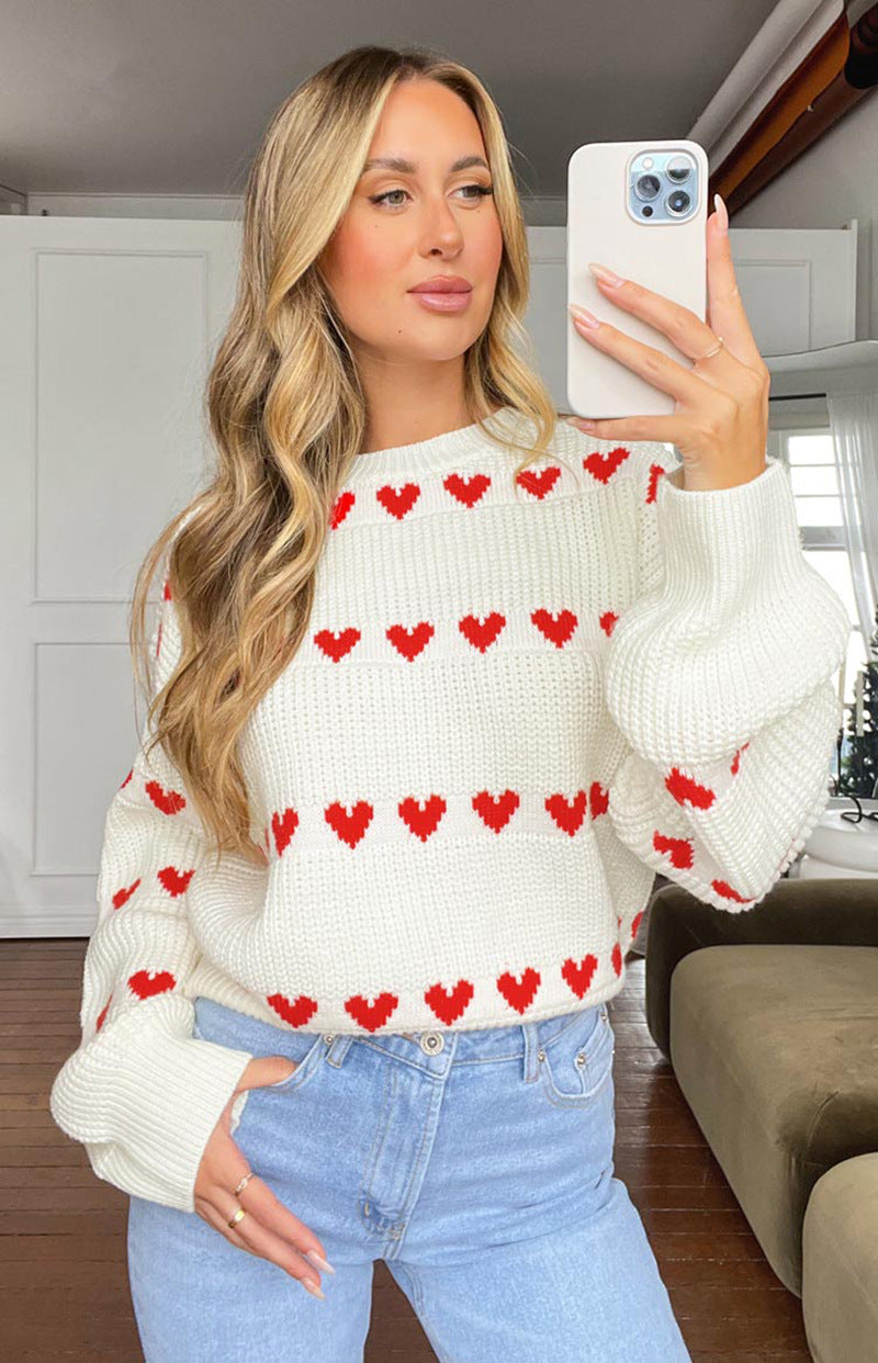 Lovey Red Heart Stripe Knitted Sweater