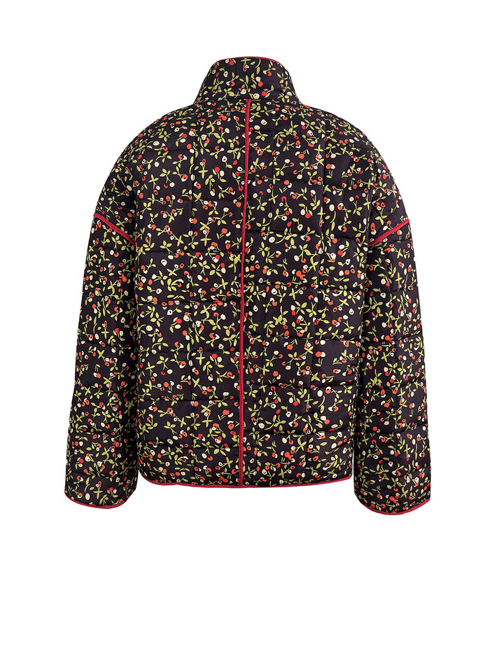 Flower Print Pocket Clip Cotton Drop Shoulder Jacket-Black