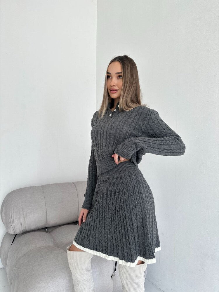 Solid Color Slim Knit Long Sleeve Skirt Two-Piece Set