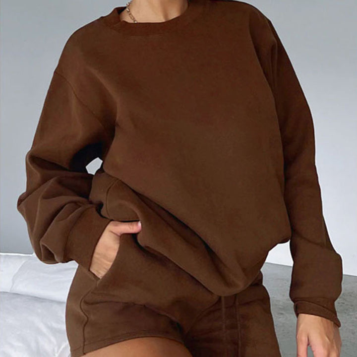 Nude Solid Color Casual Loose Pullover Hoodie Shorts Set