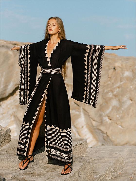 Black Bohemia Slit Long Sleeve Beach Cover Up