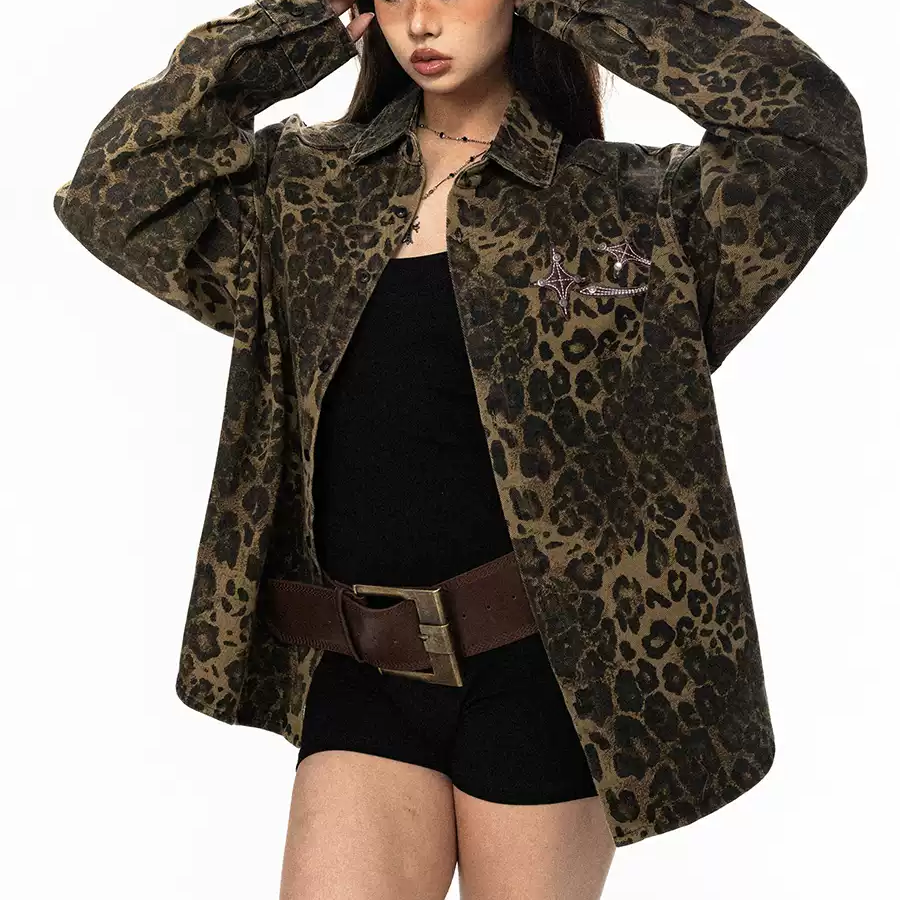 Lovers' Flat Rivets Decorate Leopard Print Jacket