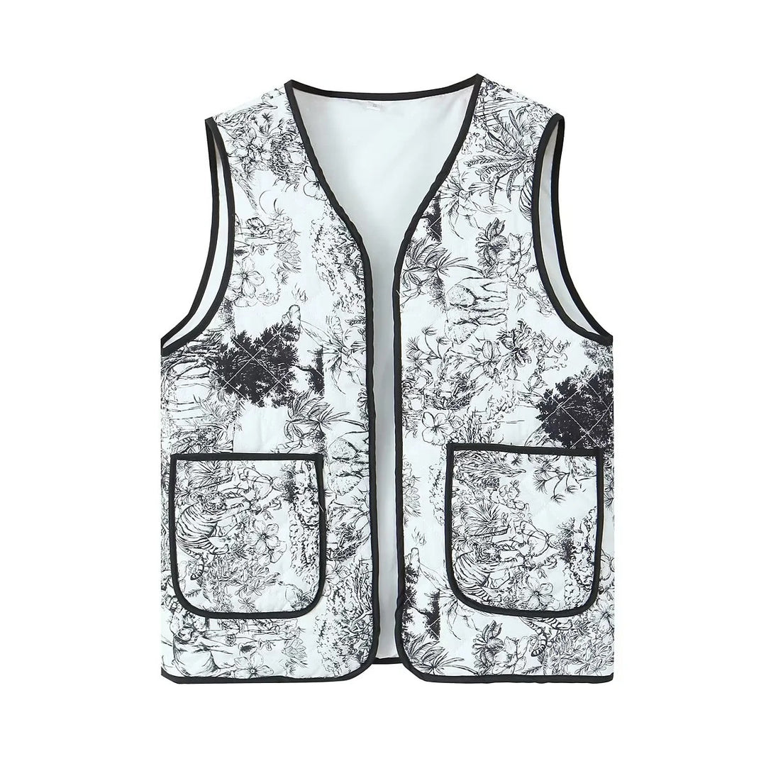 Vintage gewatteerd zakgilet met patchwork en bloemenprint