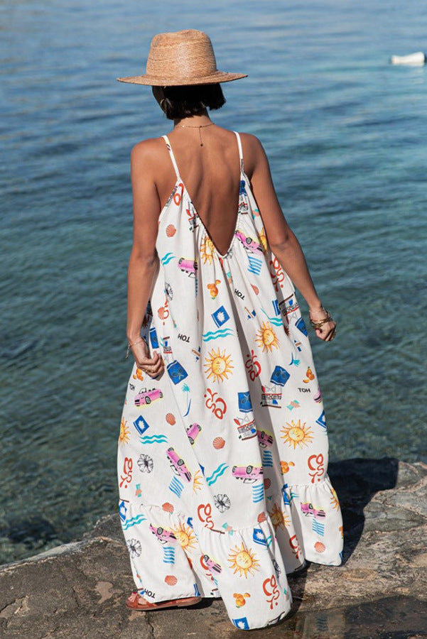 Vestido maxi com estampa floral com decote em V para férias na praia