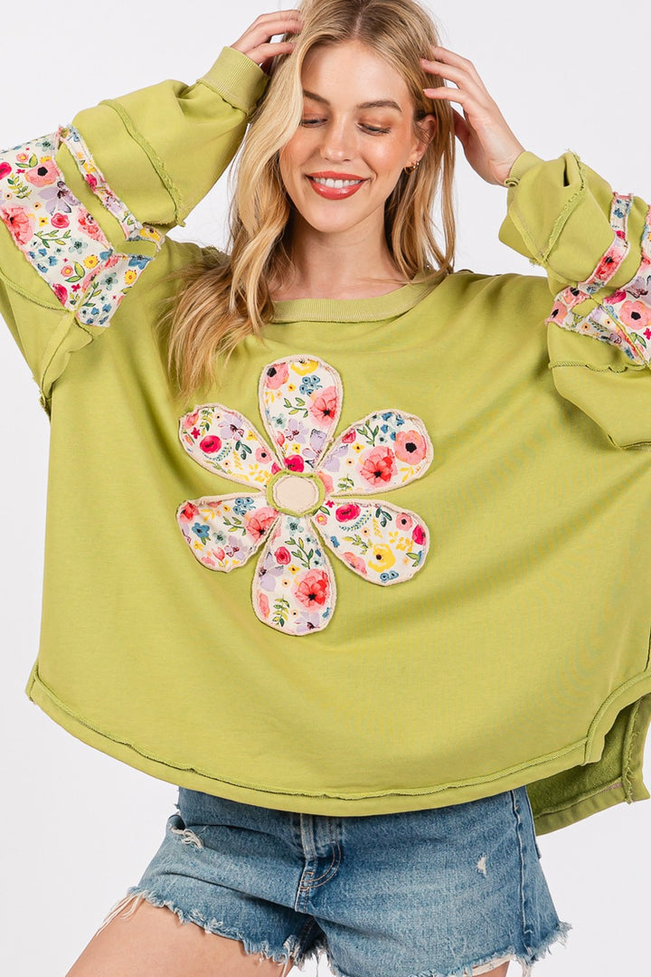 Floral Print Patch Patchwork Long-Sleeved Sweatshirt