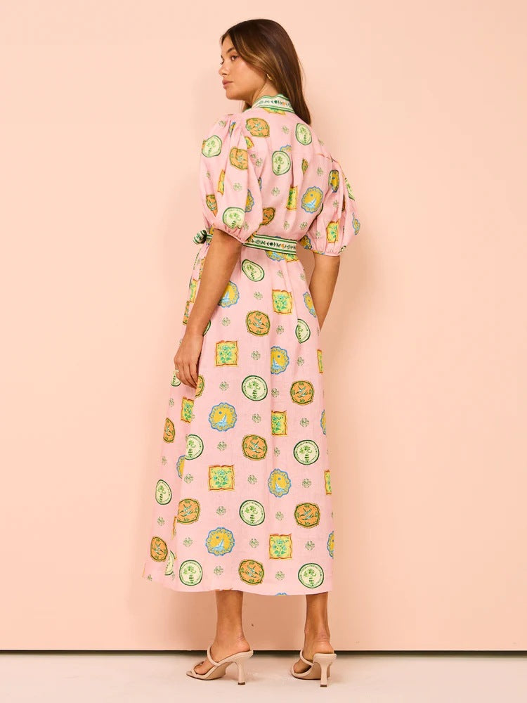 Graffiti Print Puffed Sleeve Shirt Midi Dress