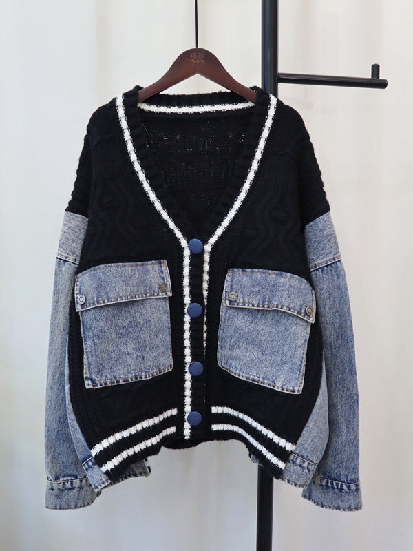 Cardigan lavorato a maglia a trecce patchwork in denim unico