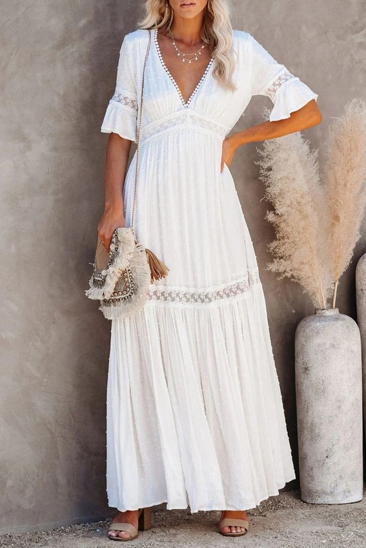 V Neck Ruffle Hem Lace Maxi Dress