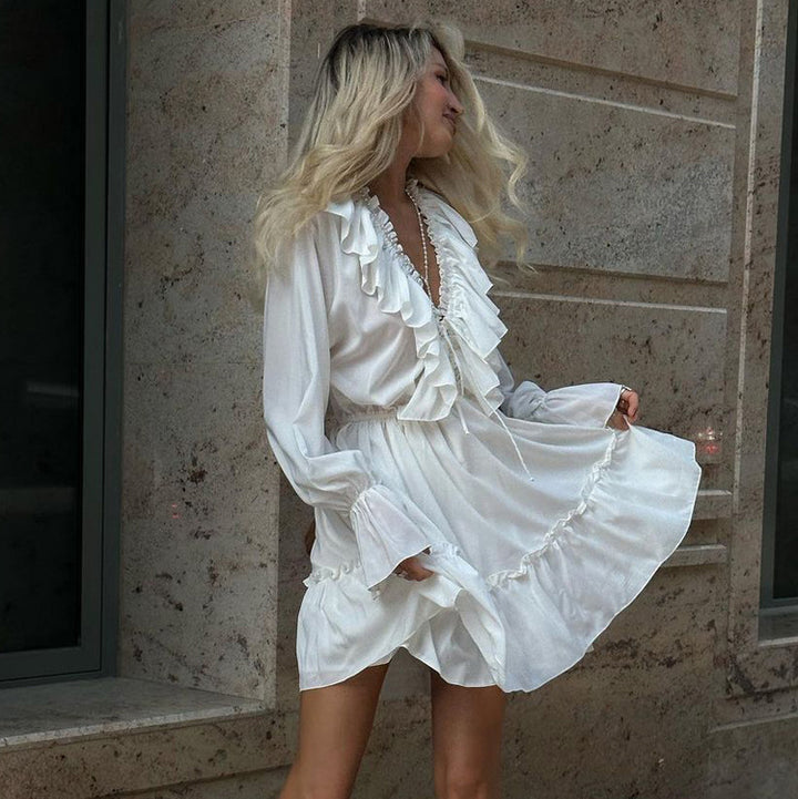 V-neck Pleated Ruffle Waist Long Sleeve Mini Dress