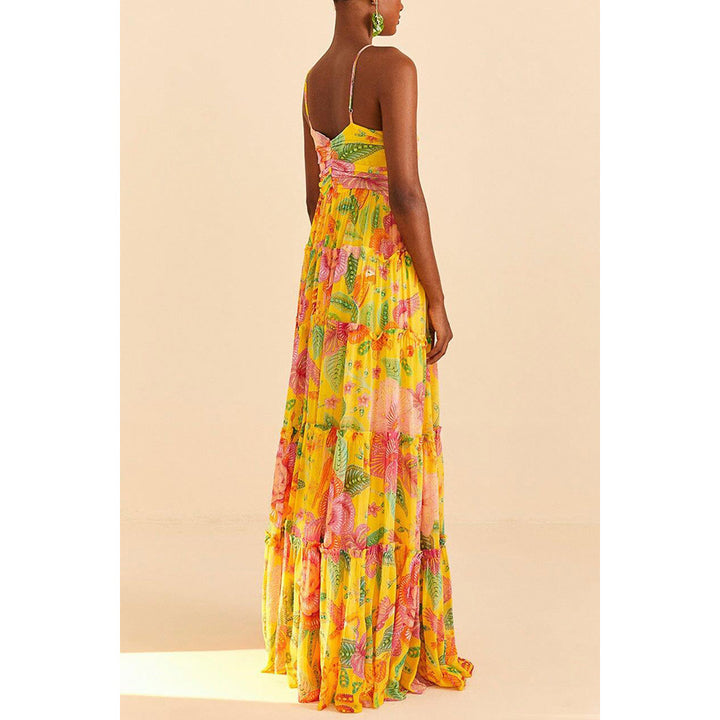 Hanging Neck Printed Floral Design Backless Straight Maxi Dress