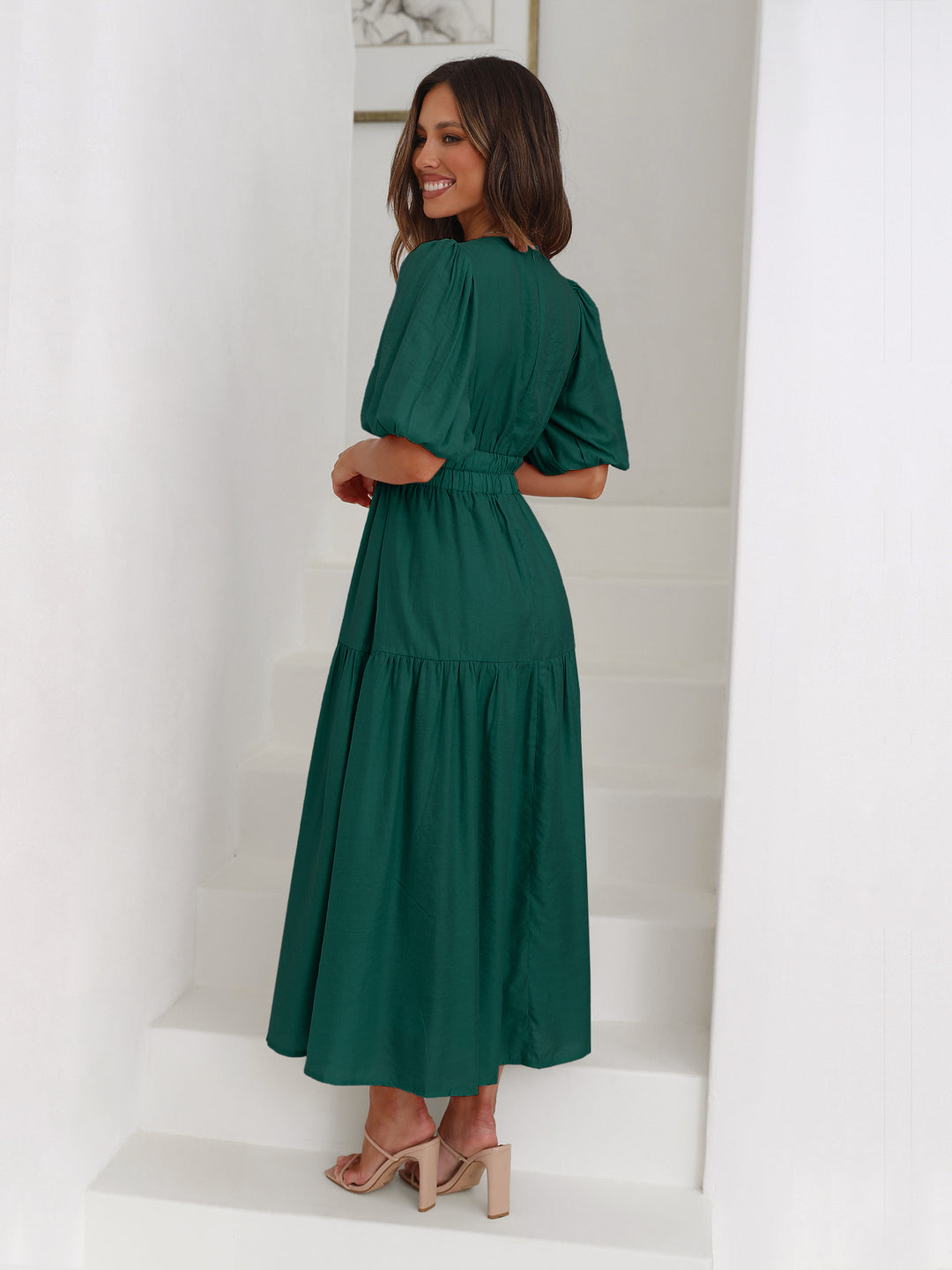 V-neck Puffy Sleeve Pleated Stretch Maxi Dress