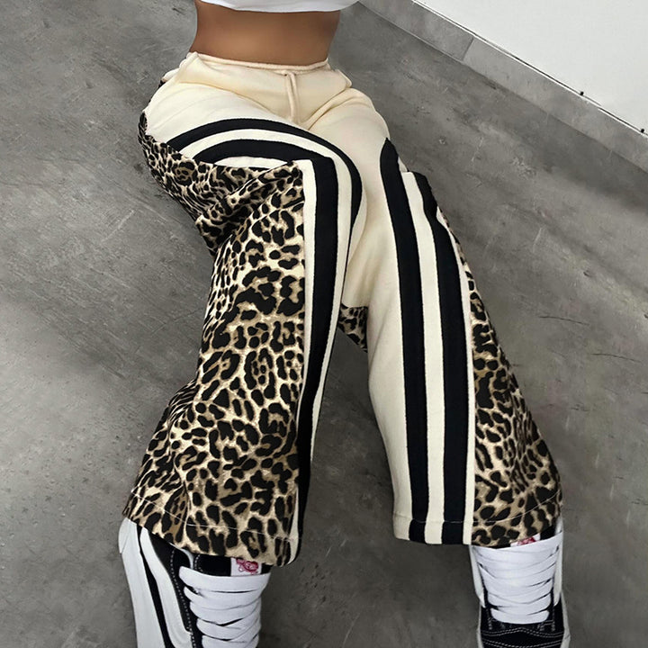 Street Style Leopard-Print Striped Patchwork High-Waisted Pant