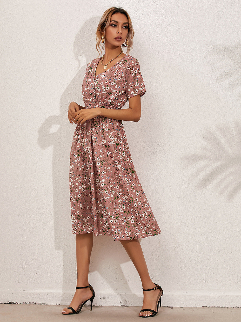 Fashion Casual Small Floral Short-sleeved Midi Dresses