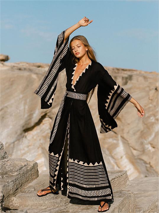 Black Bohemia Slit Long Sleeve Beach Cover Up