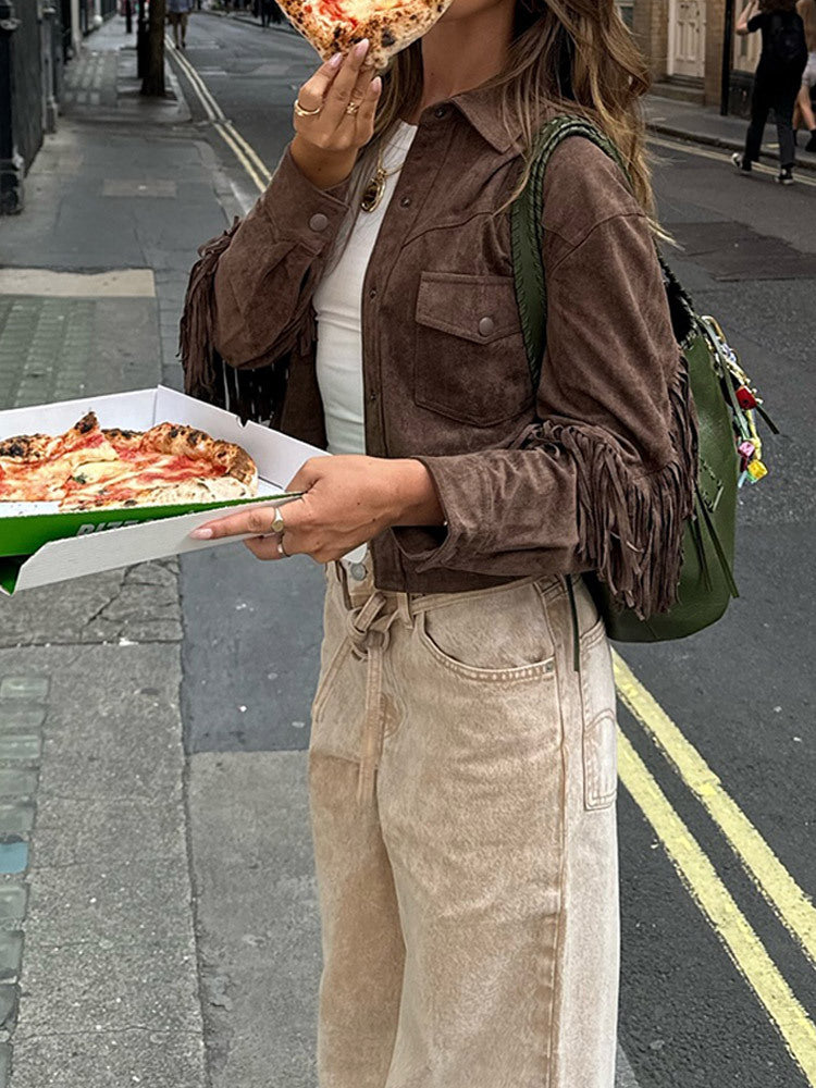 Jaqueta curta com franja e lapela estilo Western Cowboy estilo rua