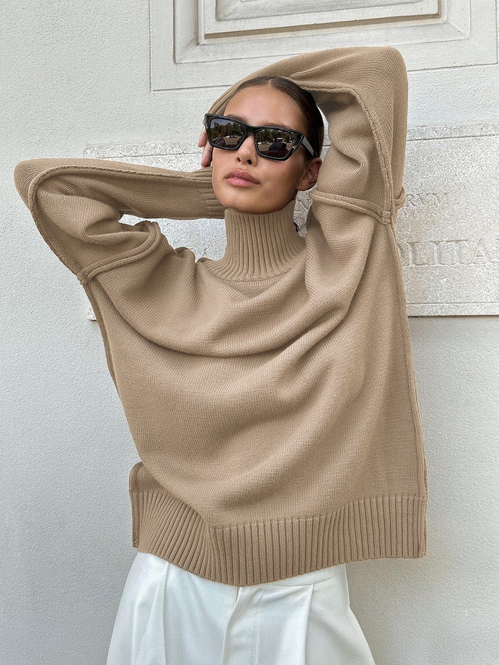 Solid Color High Neck Long Sleeve Knitted Sweater