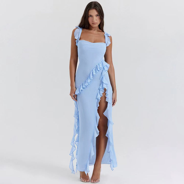 Square Neck Ribbon slit Slim Maxi Dress