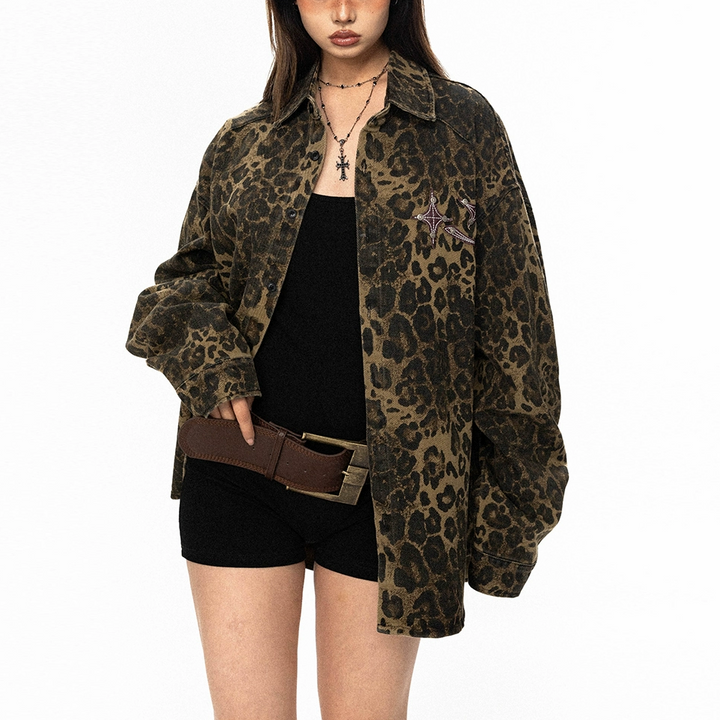 Lovers' Flat Rivets Decorate Leopard Print Jacket