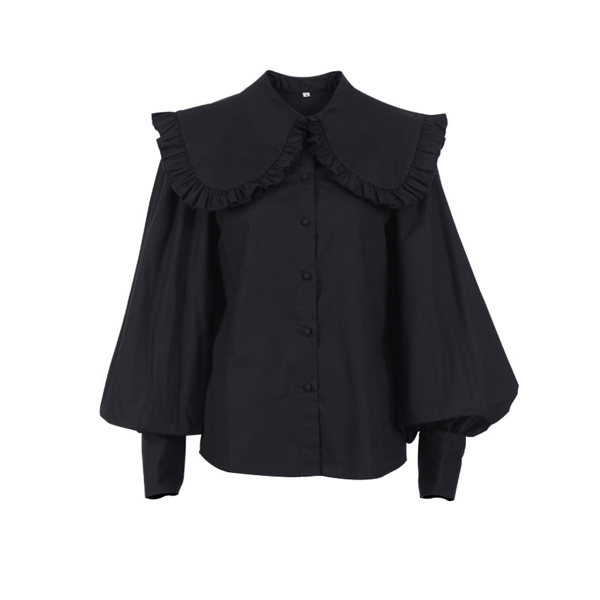 Court Style Pleated Doll Neck Cotton Shirt