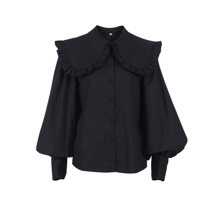 Court Style Pleated Doll Neck Cotton Shirt