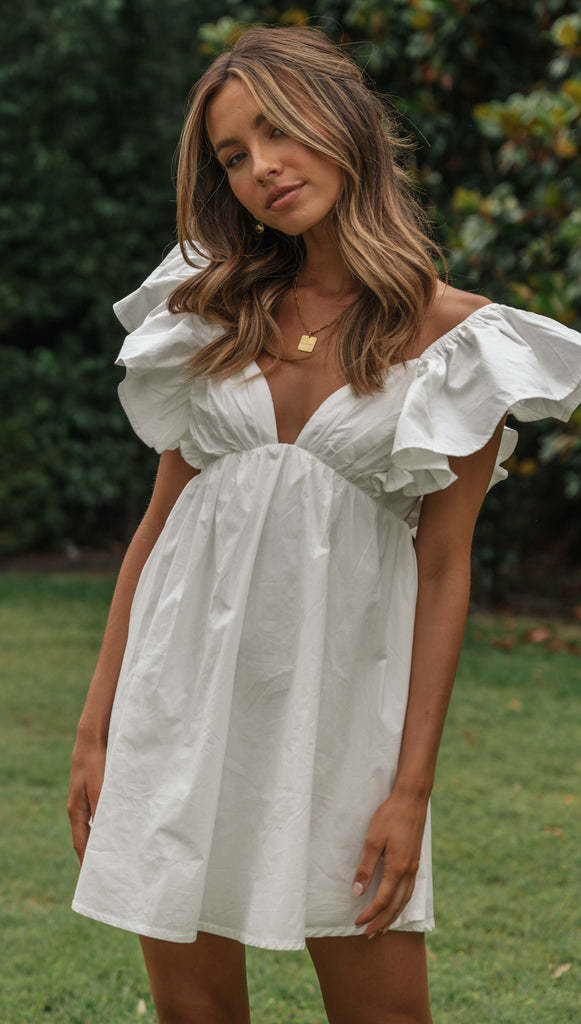 V-Neck Ruffle Sleeve Short Mini Dress