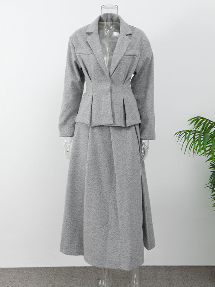 Shoulder-Padded Waist-Slimming Jacket And A-Line Skirt Two Piece Set