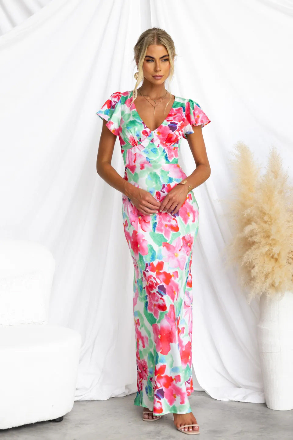 Flower Print V-neck Peplum Sleeve Maxi Dress