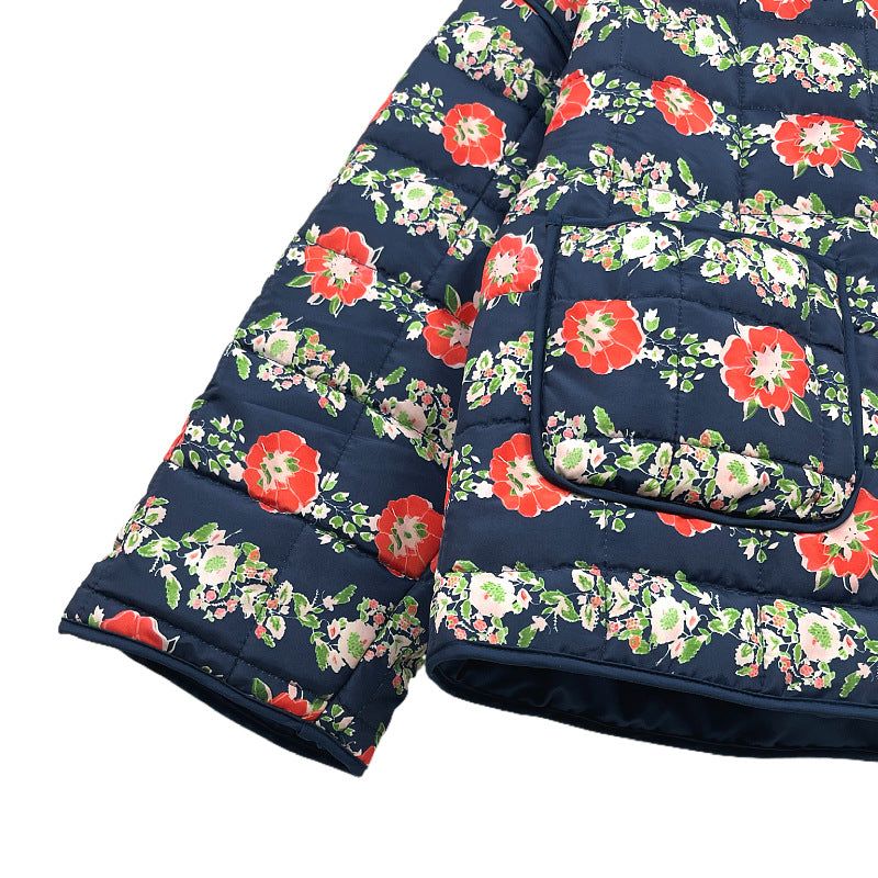 Flower Print Pocket Clip Cotton Drop Shoulder Jacket-Navy Blue