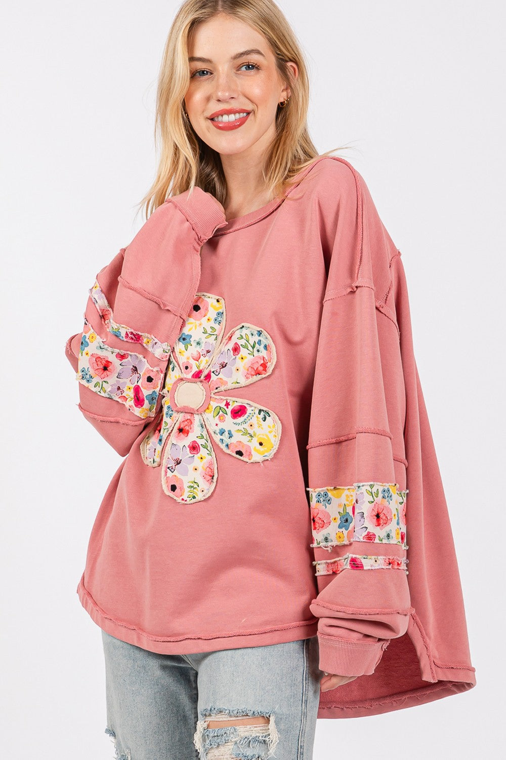 Floral Print Patch Patchwork Long-Sleeved Sweatshirt