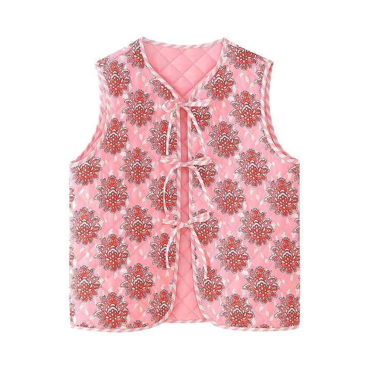 Gilet matelassé fin à lacets et imprimé floral rose