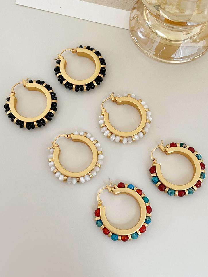 Colored Natural Stone Beaded Round Earrings