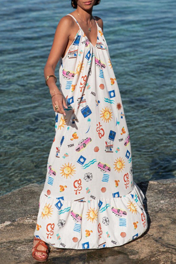 Vestido maxi com estampa floral com decote em V para férias na praia