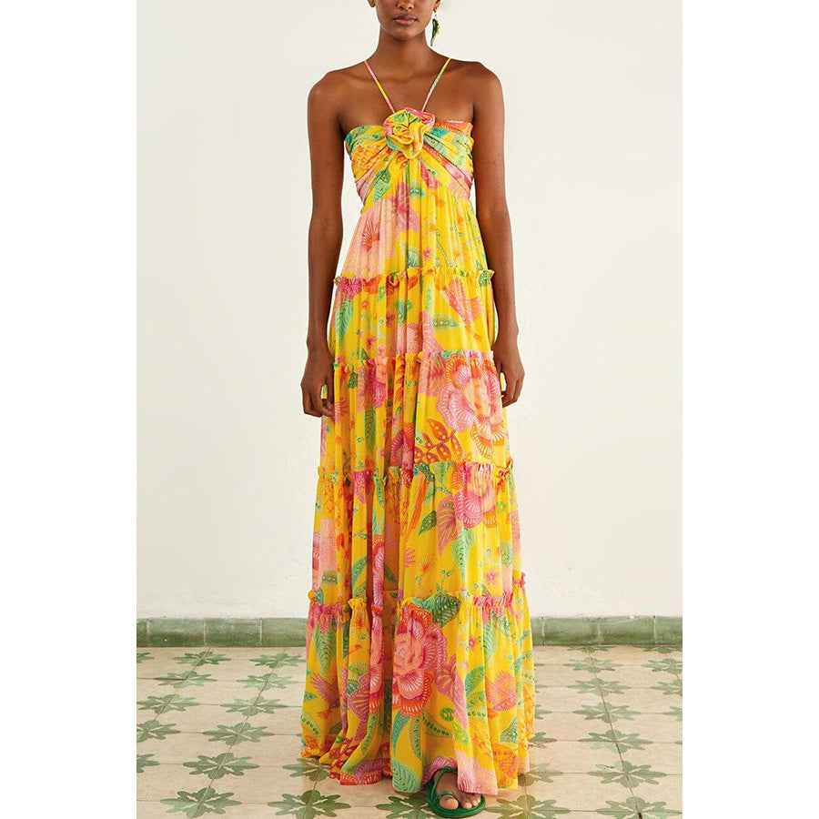 Hanging Neck Printed Floral Design Backless Straight Maxi Dress