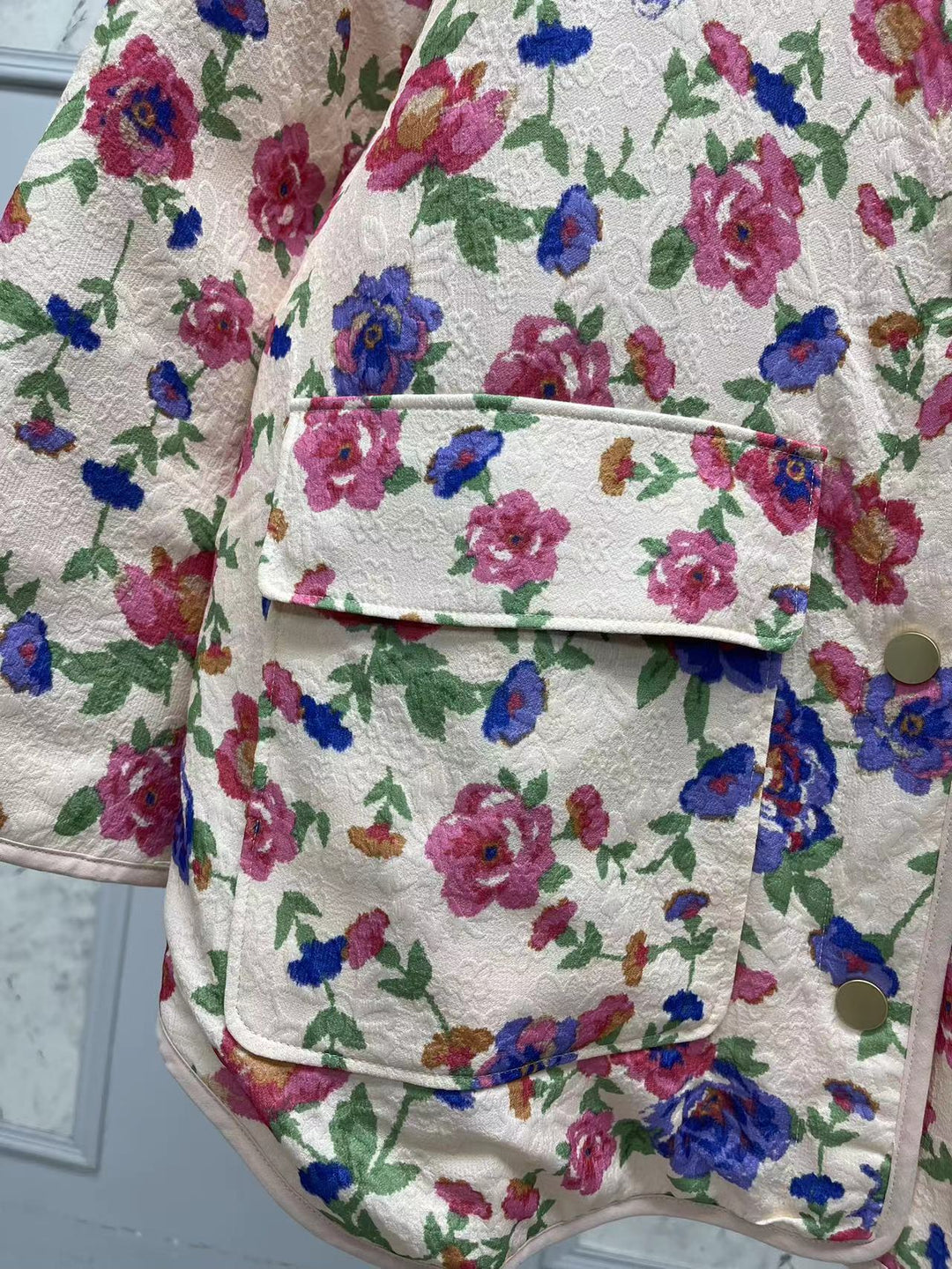 Floral Print Embossed Pockets Cotton Jacket